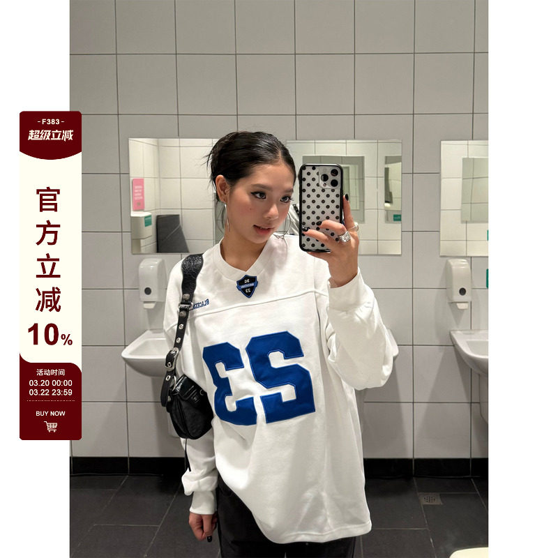 F383 美式复古重磅数字印花运动风长袖T恤男女宽松休闲百搭上衣潮