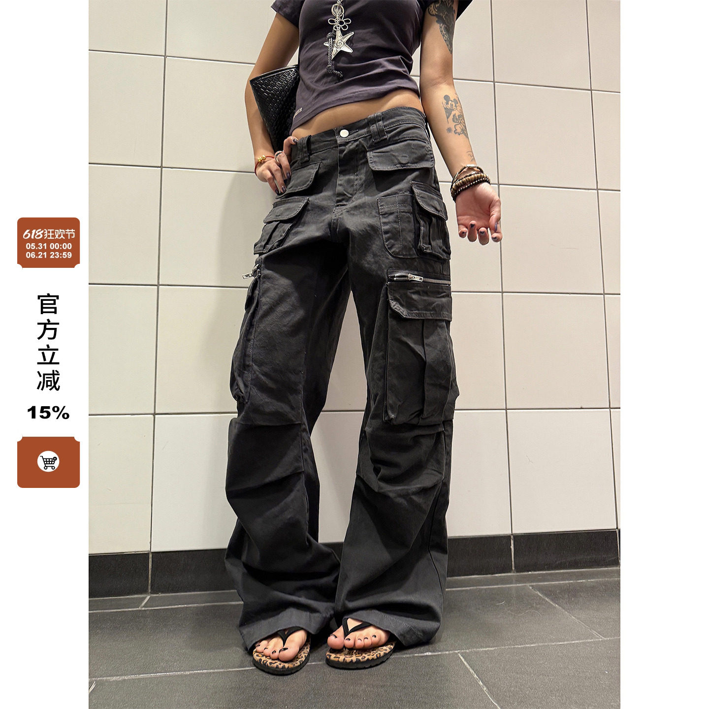F383 2025美式复古多口袋设计工装裤宽松休闲直筒拖地长裤男女ins