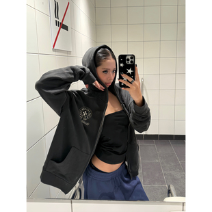 印花卫衣男女宽松休闲百搭拉链外套 复古哥特风连帽开衫 F383 美式