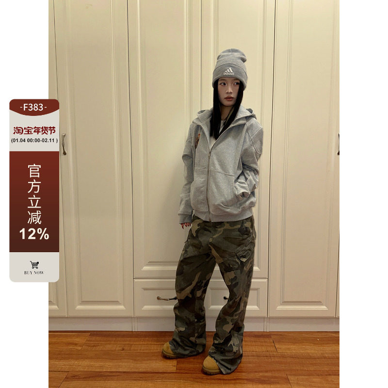 F383 2024美式复古刺绣连帽拉链卫衣开衫男女款宽松百搭休闲外套