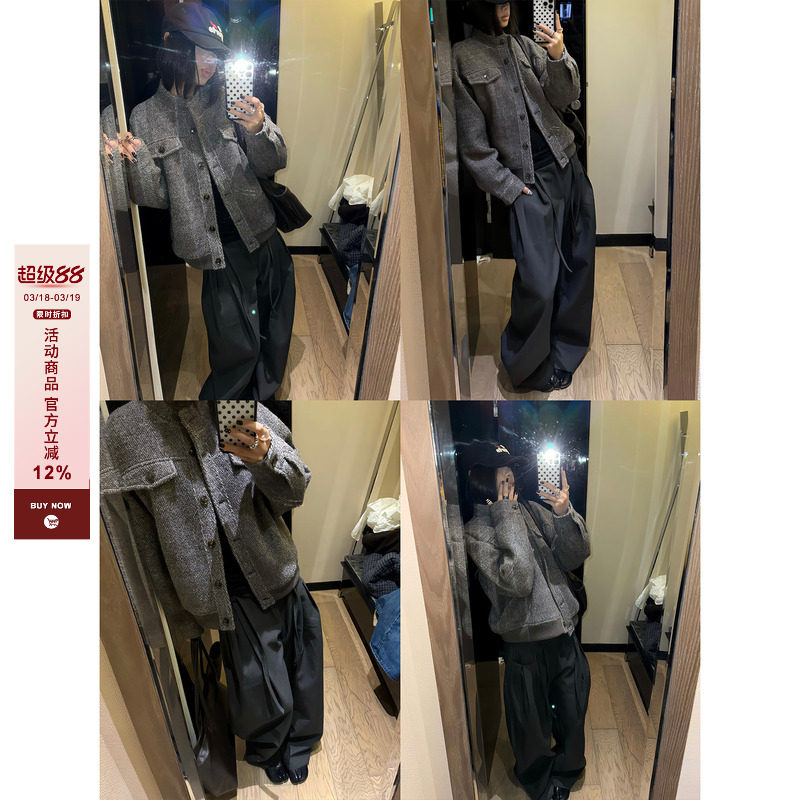 F383 美式复古立领小香风开衫夹克女秋冬款宽松慵懒做旧毛呢外套