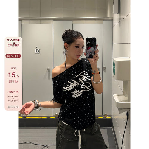 F383辣妹波点一字肩斜肩短袖