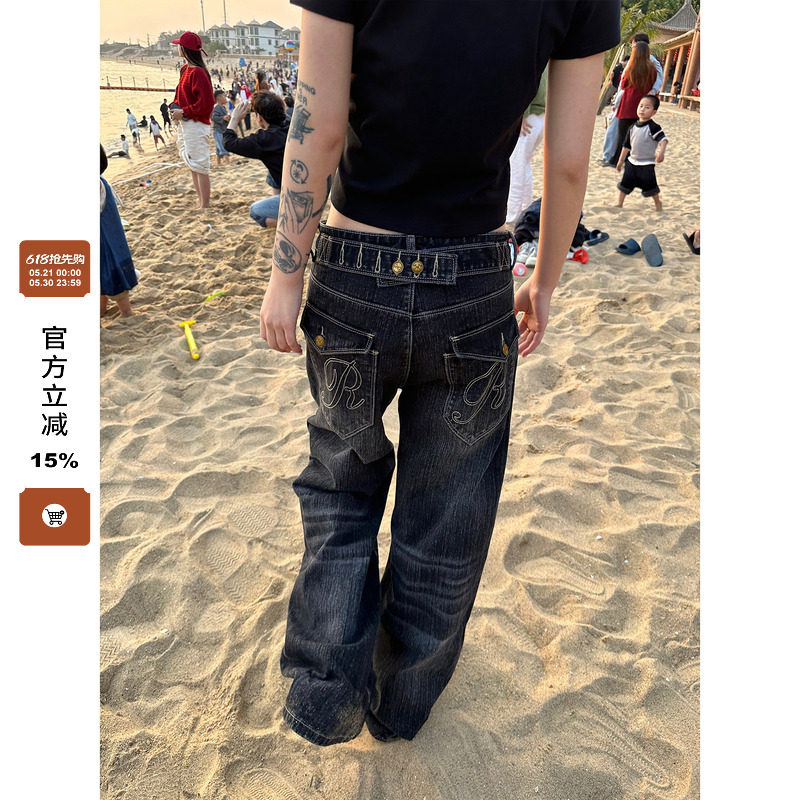 F383 美式复古巴黎扣设计竹节牛仔裤男女水洗直筒宽松百搭长裤ins