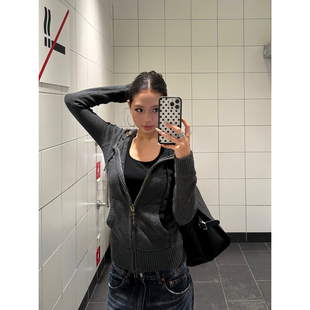 F383 美式复古拼格拉链帽衫修身上衣针织开衫显瘦百搭毛衣外套女