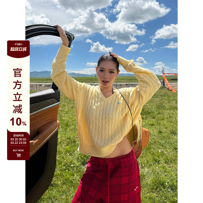 F383 美式复古慵懒麻花针织衫毛衣女春秋宽松休闲软糯套头毛衫ins