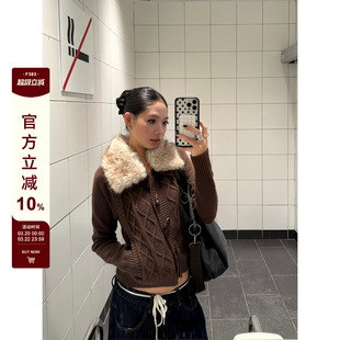 F383 美式复古菱格毛毛领毛衣牛角扣针织麻花女款修身开衫外套ins