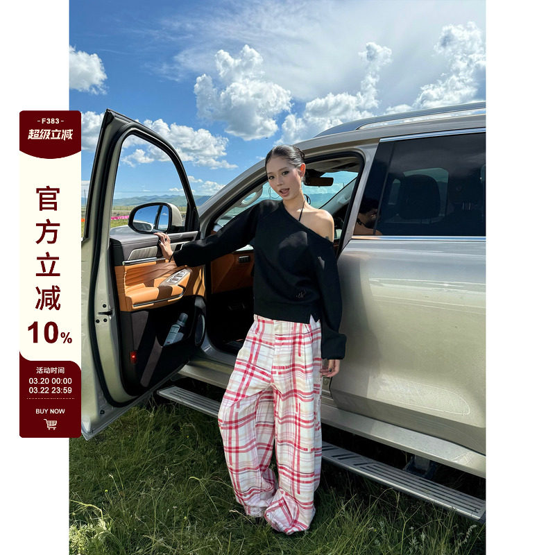 F383 美式复古宽松斜肩松弛感长袖T恤女设计感百搭短款露肩上衣