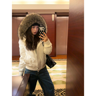 F383 复古假两件毛领连帽棉服男女宽松休闲保暖夹克棉衣外套 美式