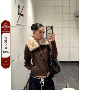 开衫 F383 修身 复古菱格毛毛领毛衣牛角扣针织麻花女款 外套ins 美式