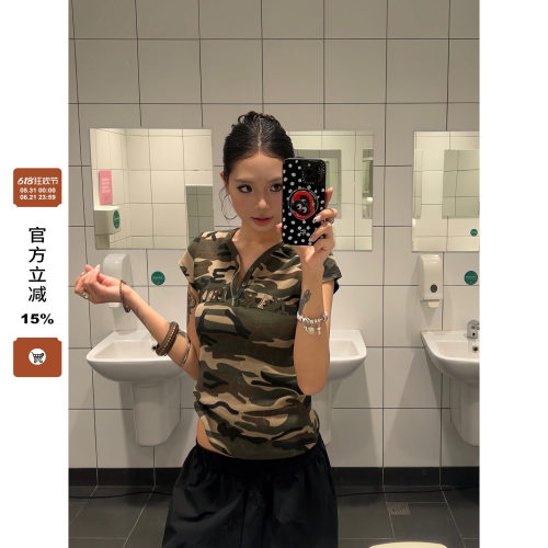 F383美式复古v领迷彩正肩短袖