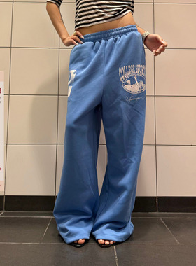 F383 美式复古蓝色印花垂感阔腿卫裤男女宽松休闲百搭拖地长裤ins