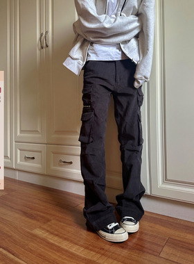 F383 2026美式复古简约百搭直筒微喇工装长裤多口袋灯芯绒男女ins