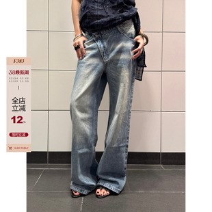F383 美式复古水洗做旧牛仔裤新款设计感腰头直筒百搭长裤男女潮