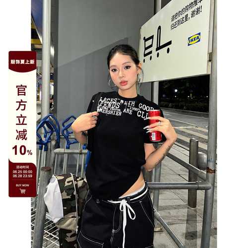 【F383】字母印花正肩短袖