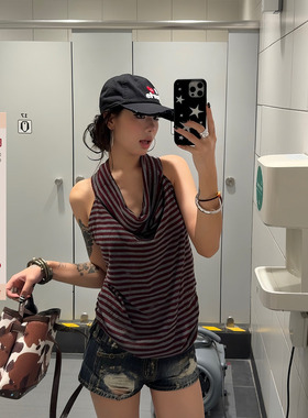 F383 美式复古红色条纹挂脖吊带背心夏修身无袖百搭辣妹上衣女ins