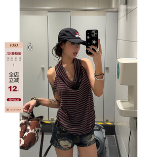F383 美式复古红色条纹挂脖吊带背心夏修身无袖百搭辣妹上衣女ins