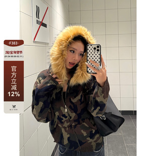 F383 美式复古迷彩可拆卸毛领连帽开衫毛衣女辣妹宽松针织外套ins