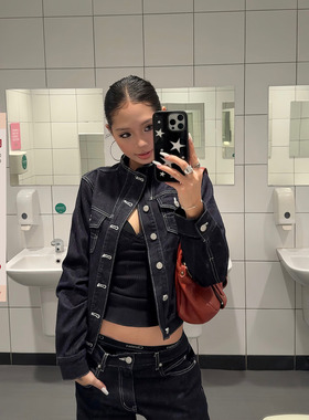 F383 美式复古解构质感牛仔外套立领宽松廓形修身显瘦工装夹克女