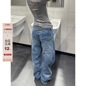 男女水洗直筒宽松百搭长裤 复古巴黎扣设计竹节牛仔裤 ins 美式 F383