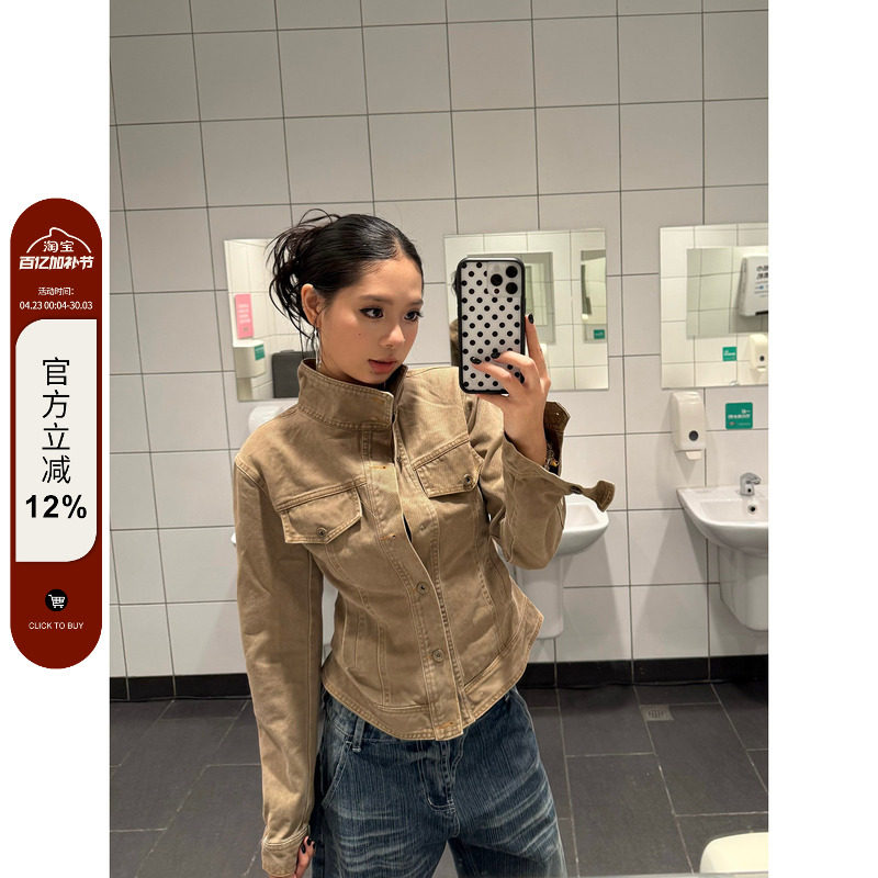 F383 美式复古酷飒风短款工装立领夹克女设计感纽扣显瘦百搭外套