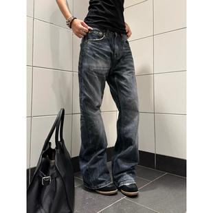 F383 美式复古cleanfit猫须闪电纹做旧牛仔裤男女直筒vibe裤子ins