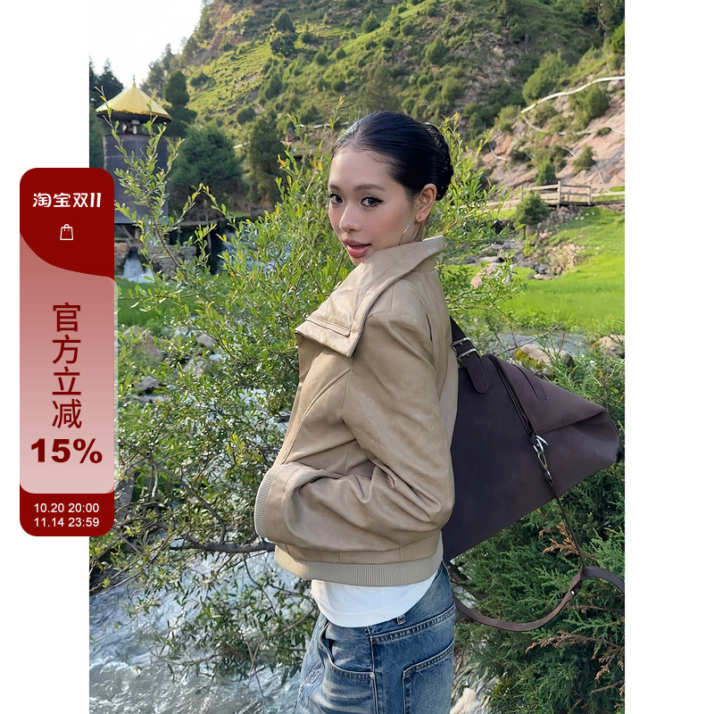 F383翻领斜边拉链夹克外套