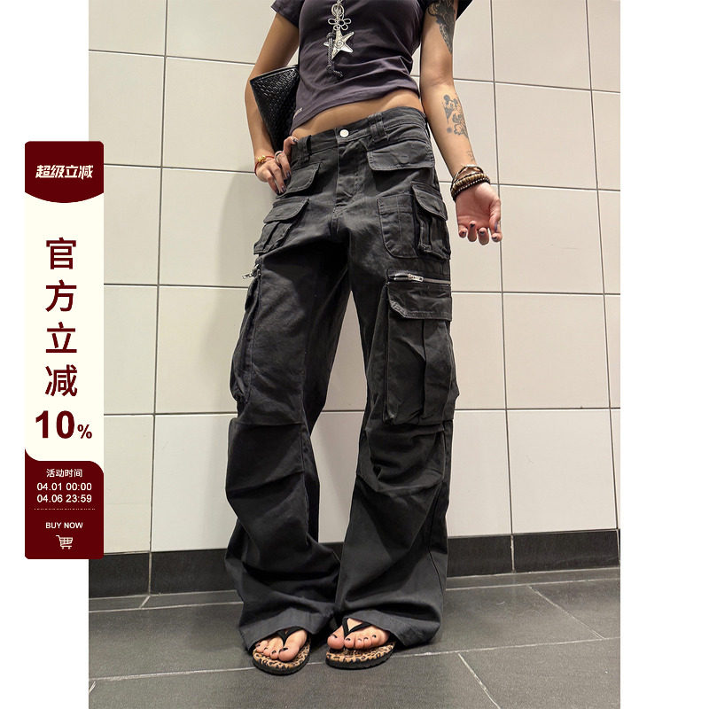 F383 2025美式复古多口袋设计工装裤宽松休闲直筒拖地长裤男女ins