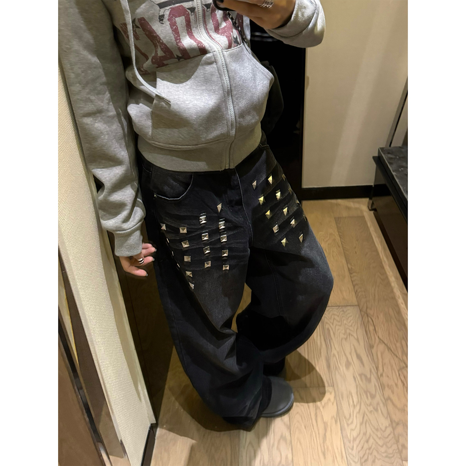 F383 美式复古水洗铆钉阔腿牛仔裤男女宽松休闲百搭潮流拖地长裤