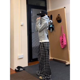 赵露思同款 宽松慵懒风阔腿直筒拖地裤 2026复古格子休闲裤 F383