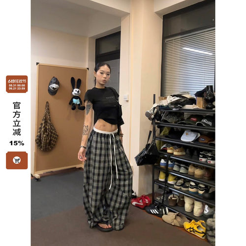 【F383】双腰头拼接格子裤