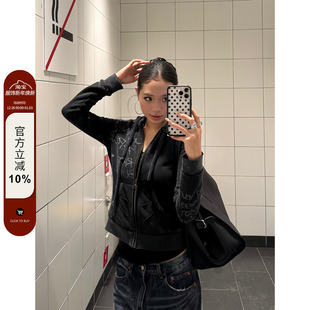 卫衣设计水洗休闲拉链女短款 复古涂鸦印花连帽开衫 外套 美式 F383