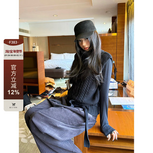 F383 美式复古气质高领麻花针织马甲女秋冬宽松百搭毛衣坎肩上衣