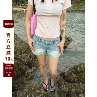 F383 美式复古刺绣设计女夏季新款水洗三分裤蓝色辣妹百搭短裤ins