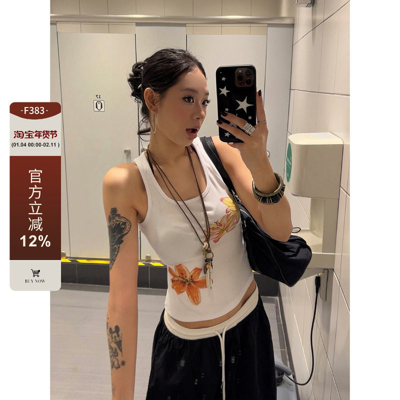 F383 2025美式夏季植物花卉印花工字背心辣妹修身显瘦休闲上衣ins