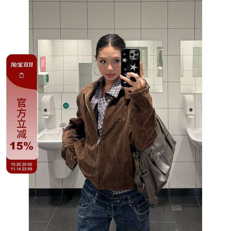 F383咖色绒皮哈灵顿立领夹克