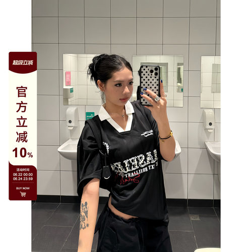 【F383】钉珠字母印花V领短袖