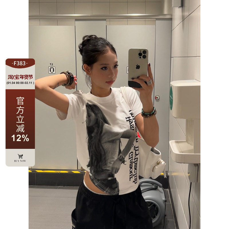 F383 2025美式复古正肩短款小众圆领辣妹人物字母印花短袖女ins,女装/女士精品,T恤,淘宝优惠券,粉丝福利购,淘宝优惠卷