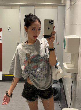 F383 2025美式复古卡通小狗印花设计圆领短袖T恤宽松情侣上衣男女