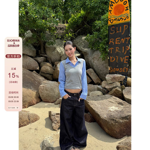 F383美式复古假两件衬衫拼接长袖
