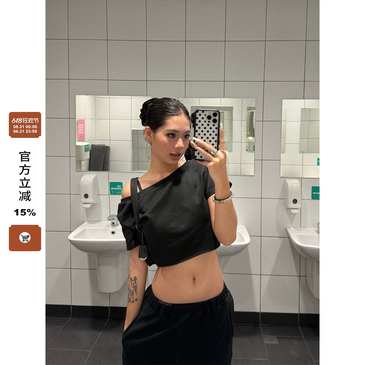 F383 美式复古纯色短款半截圆领斜肩短袖女夏季宽松显瘦百搭上衣
