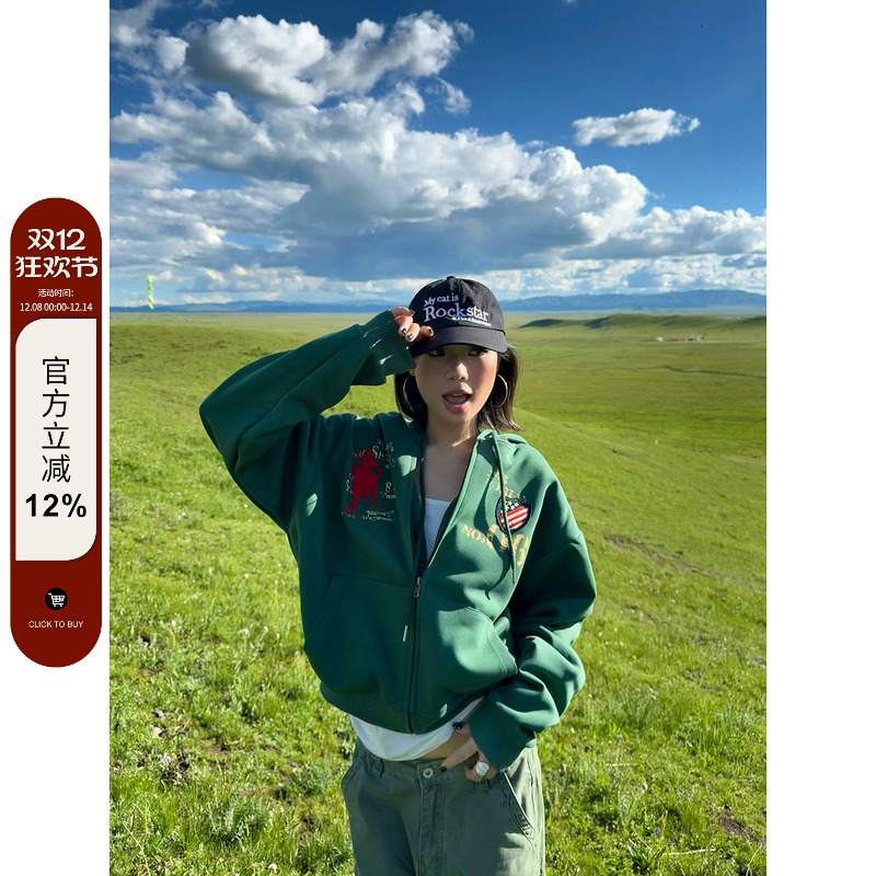 F383美式复古字母刺绣连帽卫衣