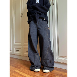 地阔腿裤 F383 男女拖款 复古设计感大口袋弯刀牛仔裤 子潮 2026美式