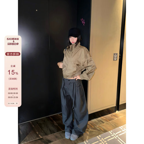 F383设计感腰部系绳口袋弯刀长裤