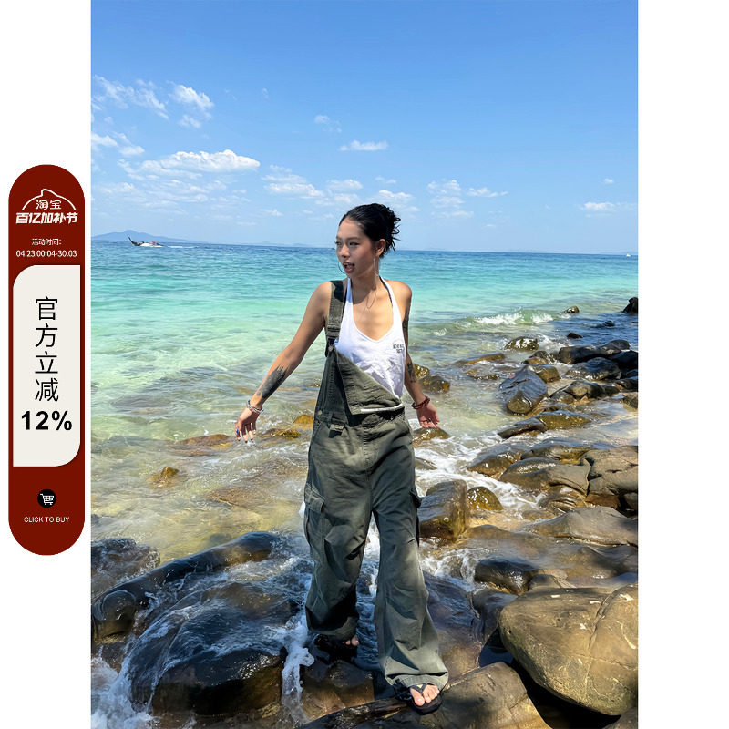 F383 美式复古做旧工装牛仔背带裤夏季设计感多口袋宽松直筒长裤