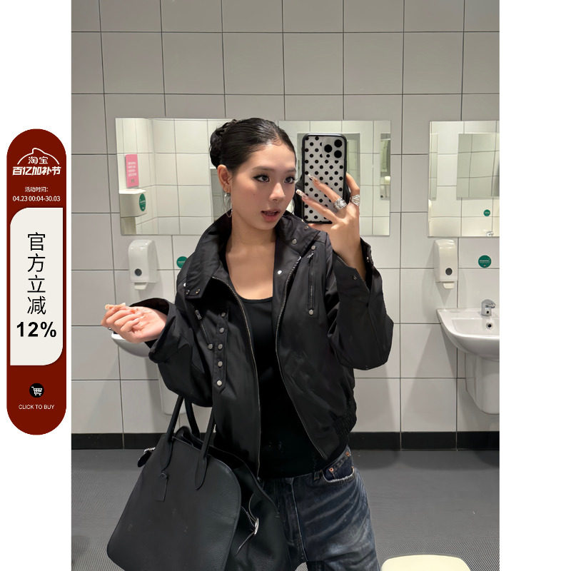 F383 美式复古工装棉服夹克立领短款纽扣刺绣设计飞行员外套女ins