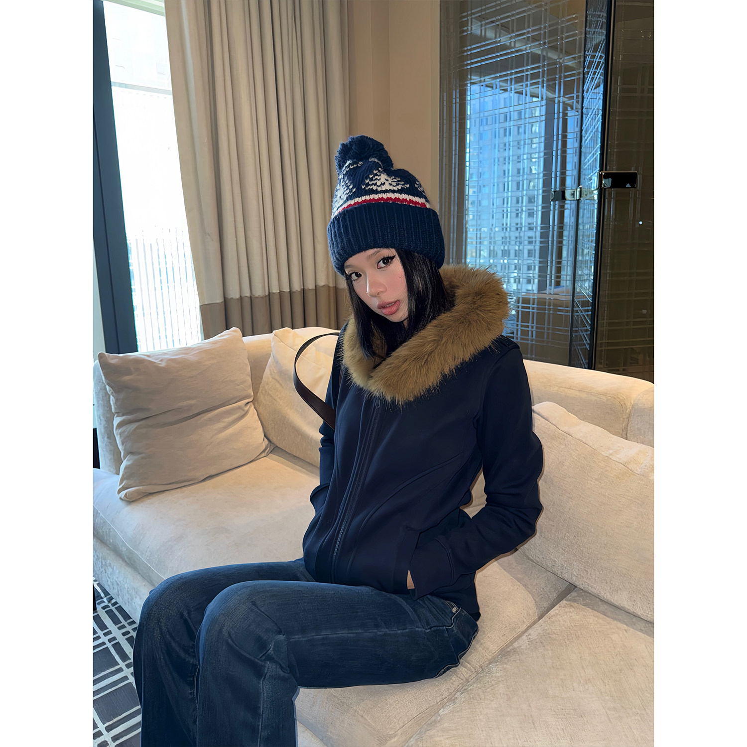 F383 美式复古毛领加绒连帽卫衣辣妹正肩修身收腰拉链保暖短外套