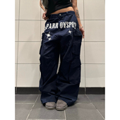 美式 复古大口袋字母印花工装 裤 F383 男女宽松休闲直筒阔腿裤 子ins