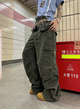 F383 美式复古设计感多口袋褶皱工装裤男女宽松拉链休闲直筒长裤