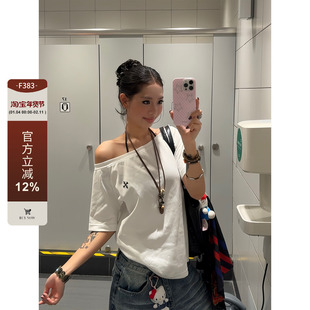 F383 美式复古辣妹基础漏肩短袖t恤女夏季潮牌修身体恤斜肩上衣潮