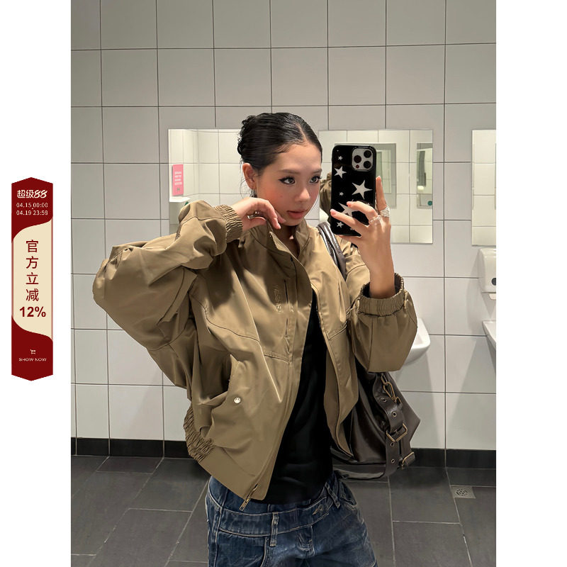 F383 美式复古立领飞行员翻领短款夹克女设计感宽松休闲风衣外套